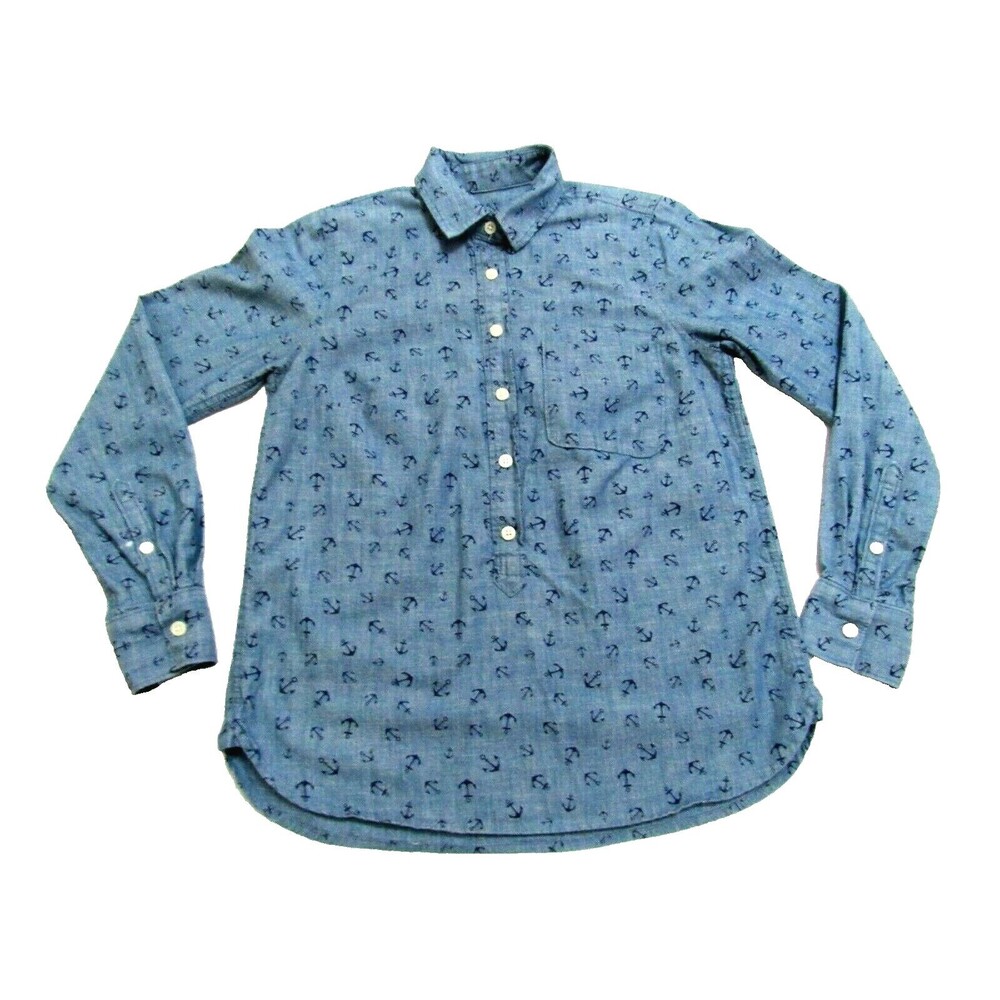 J Crew Womens XXS Blue Chambray Nautical Anchors Button Blouse Coastal Top